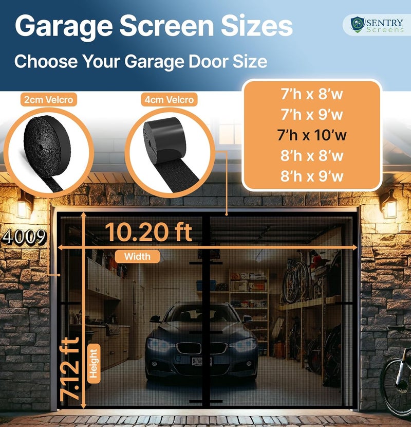 Sentry Screens Magnetic Garage Door Screen 1 Car – 7’h x 10’w Ultra-Durable 60g Fiberglass Mesh – Strong High-Energy Magnets – Weighted Bottom – Full-Frame Adhesive Tape – by - Image 2